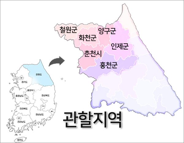 관할구역-철원군, 화천군, 춘천시, 홍청군, 양구군, 인제군
